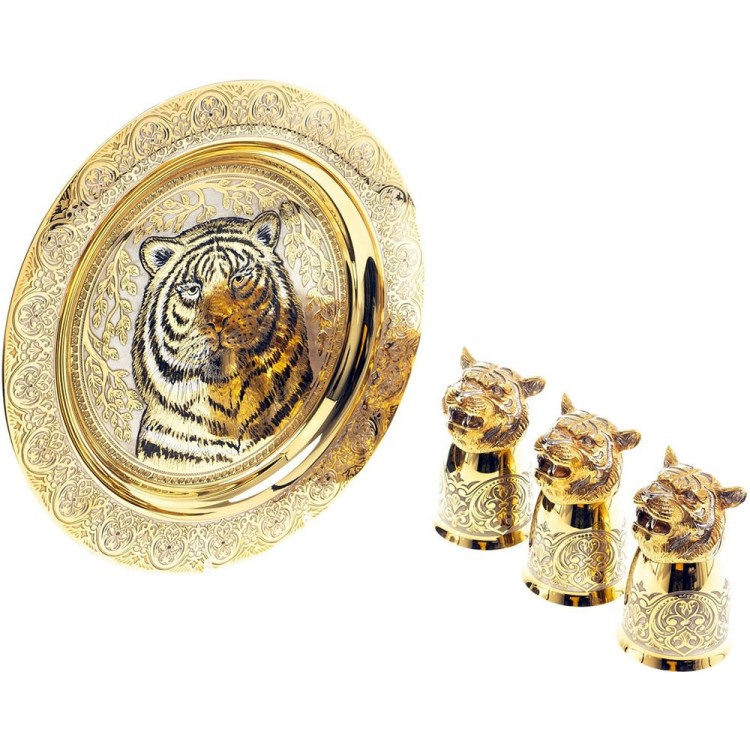 Подарочный набор 3 стопки перевёртыши «Тигр» с сувенирной тарелкой
