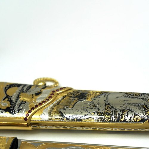 Коллекционный нож «Волк» с деревянной рукоятью в позолоченных ножнах