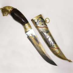 Подарочный нож «Волк» с позолоченной гравировкой из нержавеющей стали (95х18, литье мельхиор)