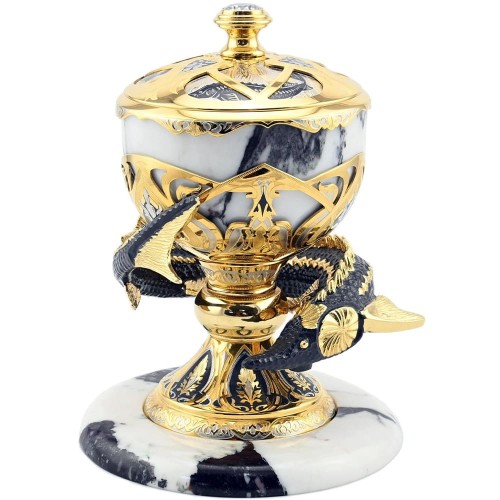 Большая икорница с позолотой «Осётр» на камне станет украшением стола