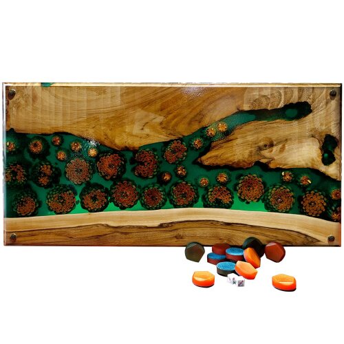 Деревянные нарды «Малахит» из массива ореха и эпоксидной смолы