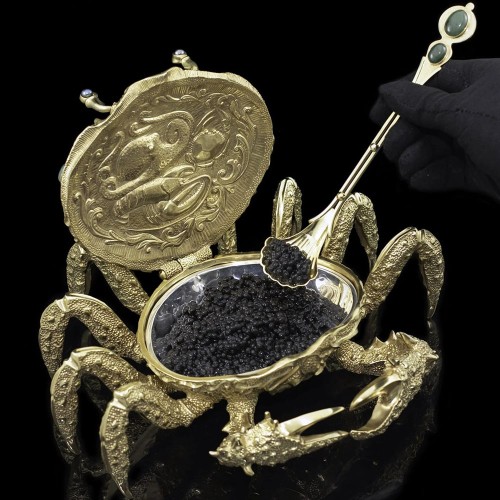 Икорница металлическая «Золотой краб» с покрытием 24 каратным золотом в подарочном футляре