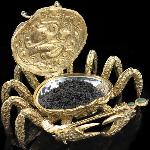 Икорница металлическая «Золотой краб» с покрытием 24 каратным золотом в подарочном футляре