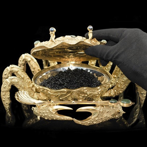 Икорница металлическая «Золотой краб» с покрытием 24 каратным золотом в подарочном футляре