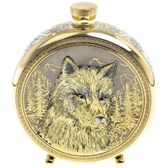 Подарочная металлическая фляжка «Волк» в деревянном футляре