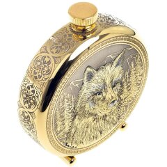 Подарочная металлическая фляжка «Волк» в деревянном футляре