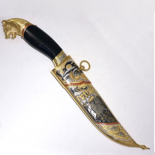 Сувенирный нож «Волк» с деревянной рукоятью в позолоченных ножнах