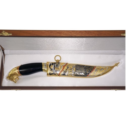 Сувенирный нож «Волк» с деревянной рукоятью в позолоченных ножнах