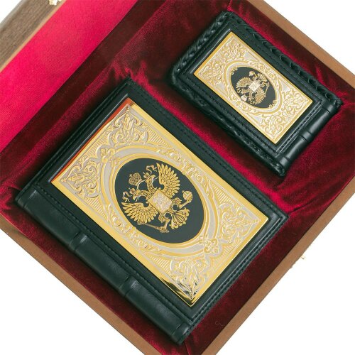 Подарочный набор «Держава» (ежедневник А6, визитница) из чёрной кожи