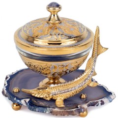 Златоустовская икорница «Стерлядка» на подставке из натурального камня агат