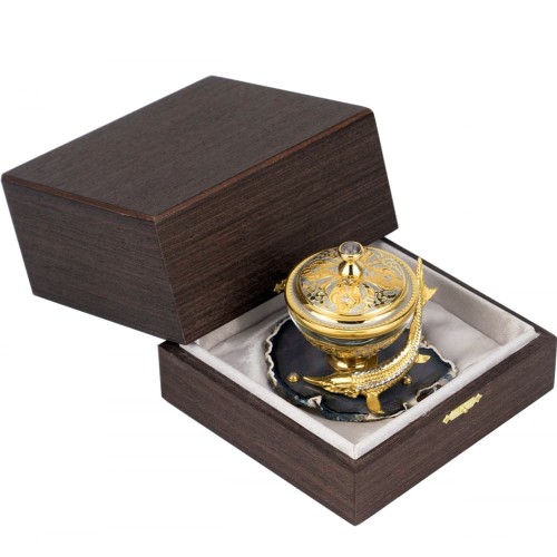 Златоустовская икорница «Стерлядка» на подставке из натурального камня агат