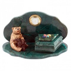 Настольная шкатулка из камня змеевик «Медведь» с часами