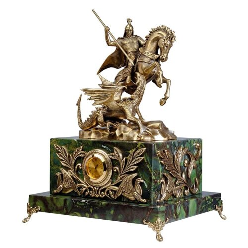 Сувенирная композиция «Георгий Победоносец» из бронзы на камне (змеевик)