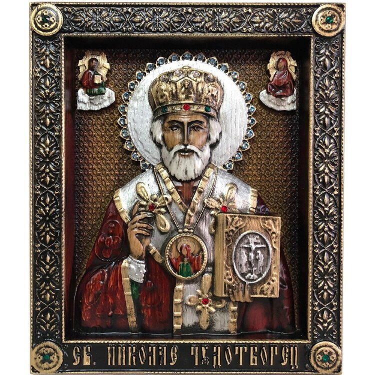 Большая резная икона «Николай Чудотворец» из дуба с кристаллами Swarovski