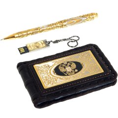 Подарочный набор «Гербовый» (кожаная визитница, флешка, ручка)