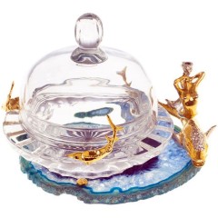 Икорница «Морское чудо» на агате — стеклянная посуда для икры с декором в виде рыбок с русалкой