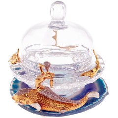 Икорница «Морское чудо» на агате — стеклянная посуда для икры с декором в виде рыбок с русалкой