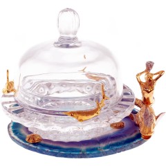 Икорница «Морское чудо» на агате — стеклянная посуда для икры с декором в виде рыбок с русалкой
