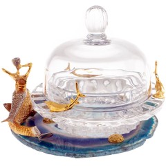 Икорница «Морское чудо» на агате — стеклянная посуда для икры с декором в виде рыбок с русалкой