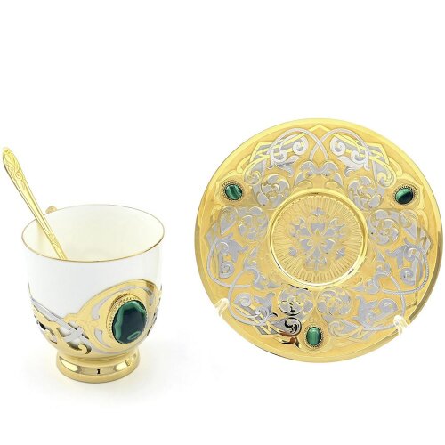 Подарочная кофейная чашка «Малахитовая» с блюдцем и ложечкой