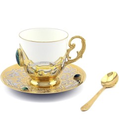 Керамическая кружка для кофе «Малахит» с позолоченным блюдцем и ложечкой