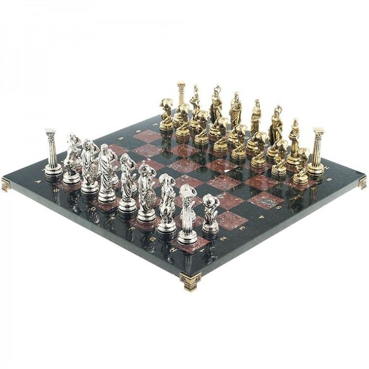 Подарочные шахматы «Атлас» с бронзовыми фигурами на каменной доске (змеевик, креноид)