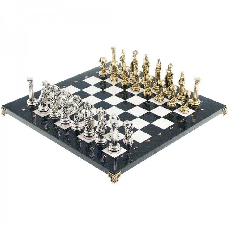 Сувенирные шахматы «Атлас» с бронзовыми фигурами на каменной доске (змеевик, мрамор)
