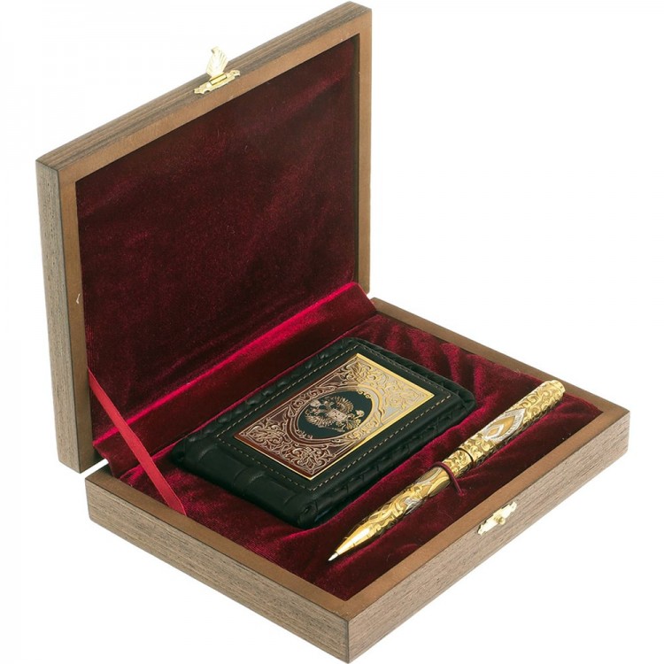 Подарочный набор «Гербовый» (кожаная визитница, позолоченная ручка)