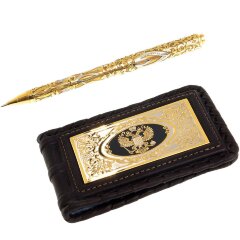 Подарочный набор «Гербовый» (кожаная визитница, позолоченная ручка)