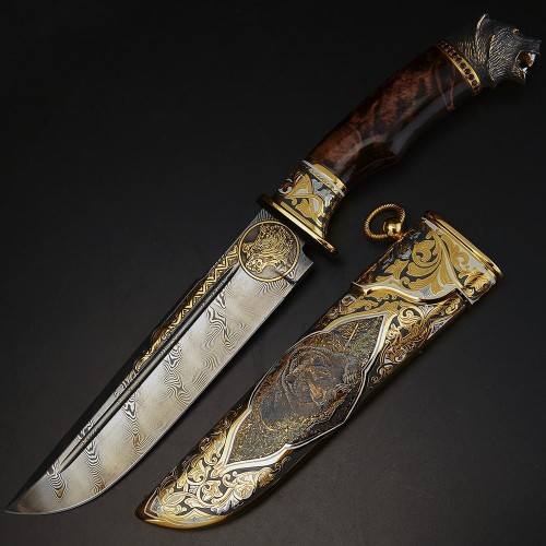 Подарочный нож «Медведь» из дамасской стали в подарок охотнику