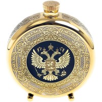 Подарочная металлическая фляжка «Герб России» в деревянном футляре