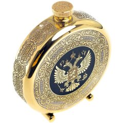 Подарочная металлическая фляжка «Герб России» в деревянном футляре