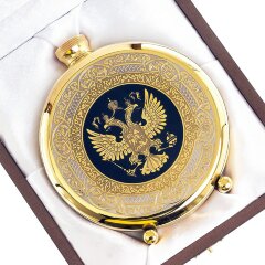 Подарочная металлическая фляжка «Герб России» в деревянном футляре