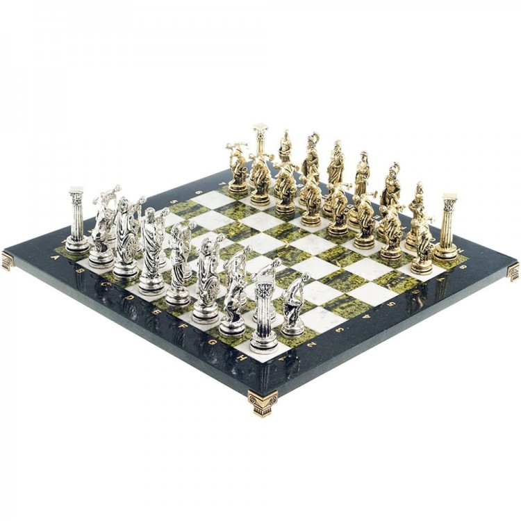 Коллекционные шахматы «Олимпийские игры» с бронзовыми фигурами на каменной доске (змеевик, мрамор)