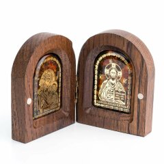 Двойная икона складень «Лики Святых» из дуба и янтаря