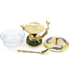 Икорница с крышкой «Стерлядки» на подставке из камня нефрит для праздничной сервировки