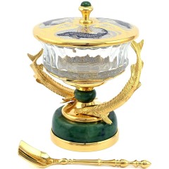 Икорница с крышкой «Стерлядки» на подставке из камня нефрит для праздничной сервировки