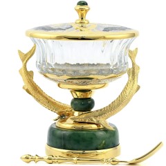 Икорница с крышкой «Стерлядки» на подставке из камня нефрит для праздничной сервировки