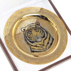 Декоративная тарелка «Тигр» с позолотой в деревянном футляре