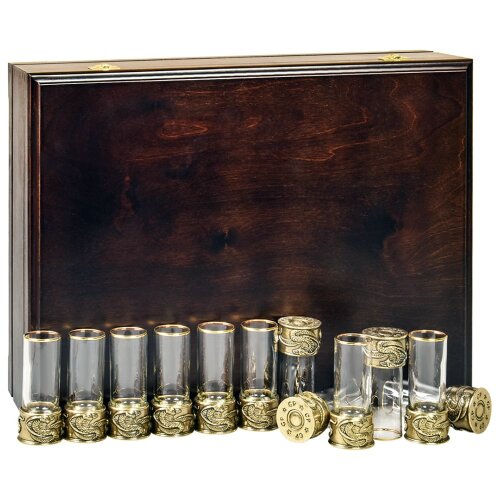 Набор из 12-ти стопок патрон «Змея» в футляре из массива дерева