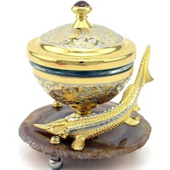 Икорница «Каспийская стерлядка» на подставке из камня агат с фигуркой царской рыбы