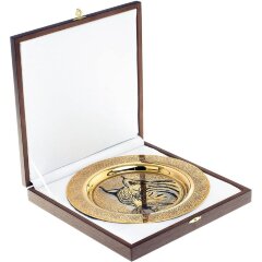 Декоративная тарелка «Рысь» с позолотой в деревянном футляре