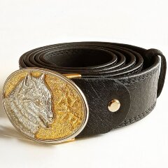 Мужской кожаный ремень «Волк хищник» с позолоченной бляшкой