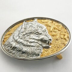 Мужской кожаный ремень «Волк хищник» с позолоченной бляшкой