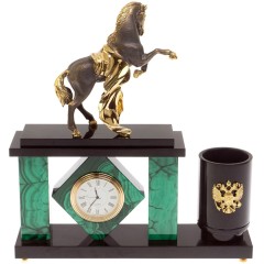 Каминные часы «Конь с попоной» из натурального камня малахит с карандашницей