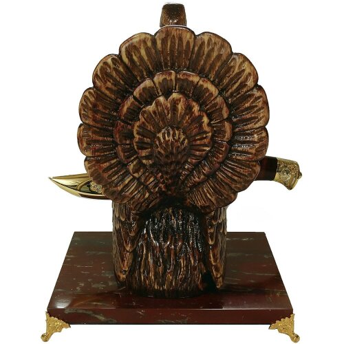 Подарочный нож «Глухарь» с резной фигурой на подставке из яшмы