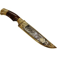 Подарочный нож «Глухарь» с резной фигурой на подставке из яшмы