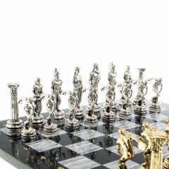 Сувенирные шахматы «Олимпийские игры» с бронзовыми фигурами на каменной доске (змеевик, мрамор)