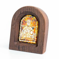 Маленькая икона «Николай Чудотворец» из дуба и янтаря