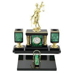 Настольный набор с часами «Фемида» на камне малахит